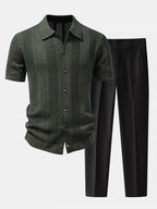 Linen Textured Knit Shirt & Slim Fit Tapered Trousers