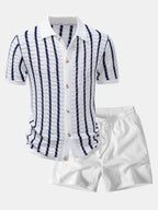 Stripe Open Knit Shirt & Crinkle Textured Drawstring 5" Shorts