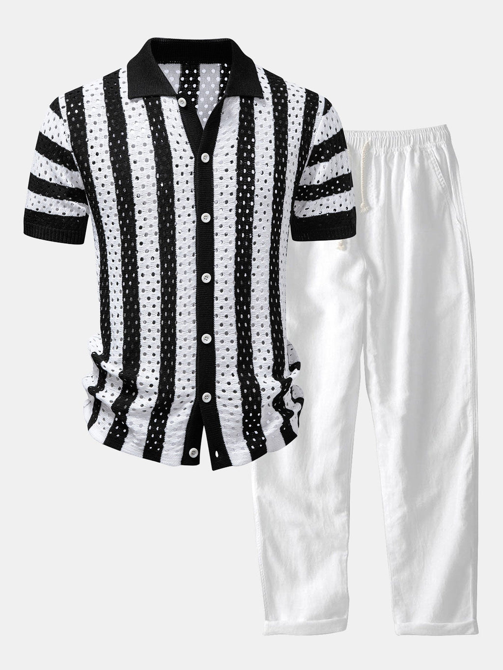 Stripe Open Knit Shirt & Straight Leg Linen Pants
