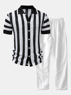 Stripe Open Knit Shirt & Straight Leg Linen Pants