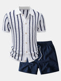 Stripe Open Knit Shirt & Crinkle Textured Drawstring 5" Shorts