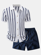 Stripe Open Knit Shirt & Crinkle Textured Drawstring 5" Shorts
