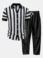 Stripe Open Knit Shirt & Straight Leg Linen Pants
