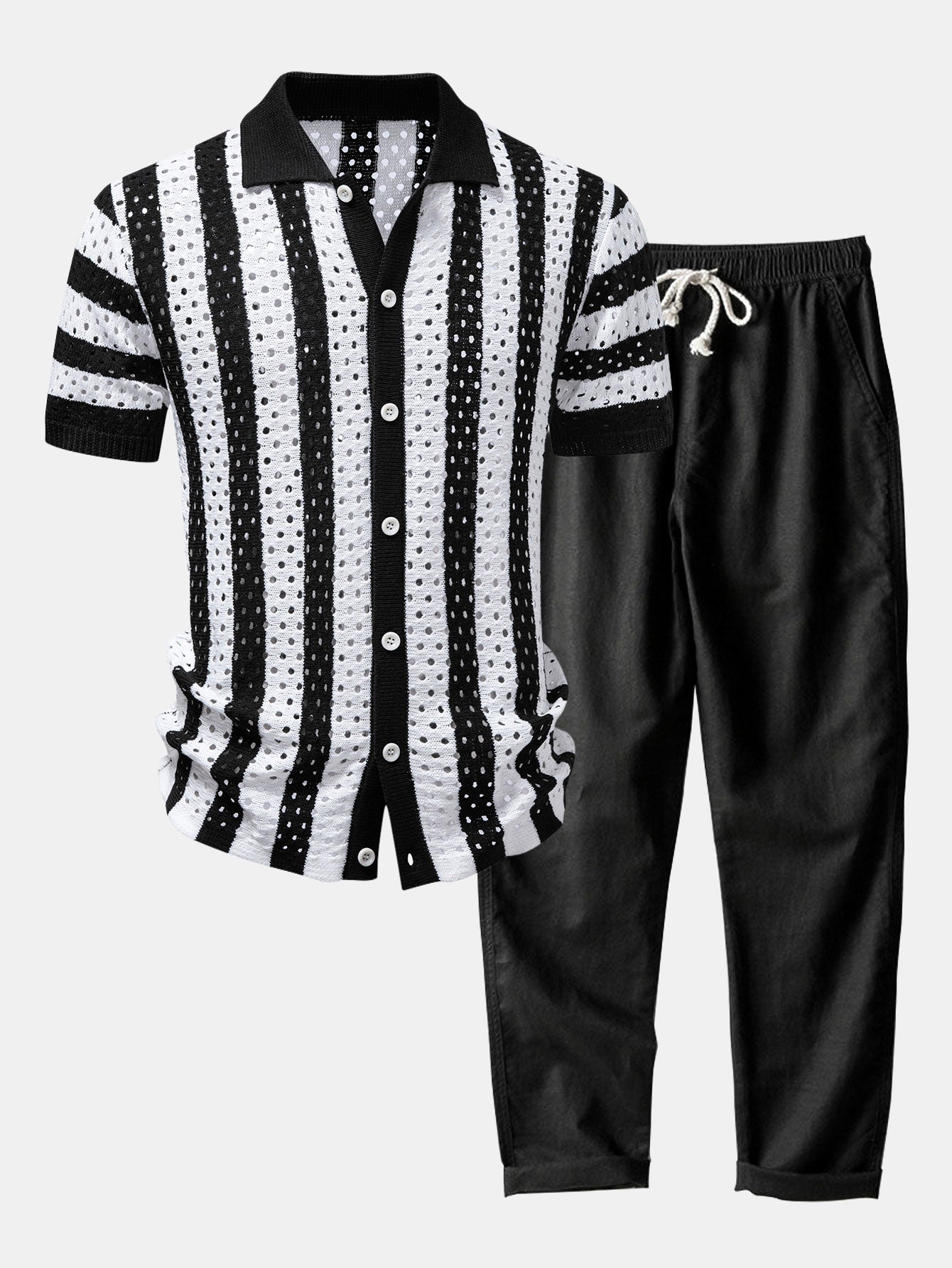 Stripe Open Knit Shirt & Straight Leg Linen Pants